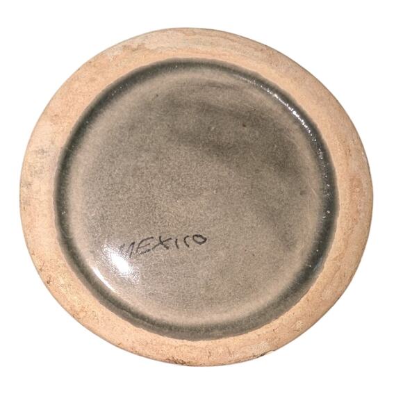 Vintage Tonala Mexico Pottery Floral Cylinder Vase Blue Green Gray 5.25 in. tall - Picture 4 of 5